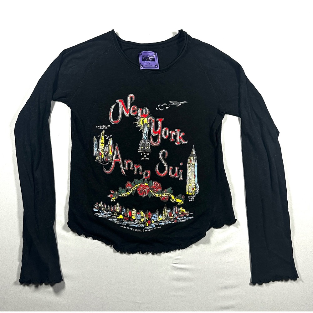 Free People x Anna Sui New York City Graphic Long Sleeve Tee Black Small